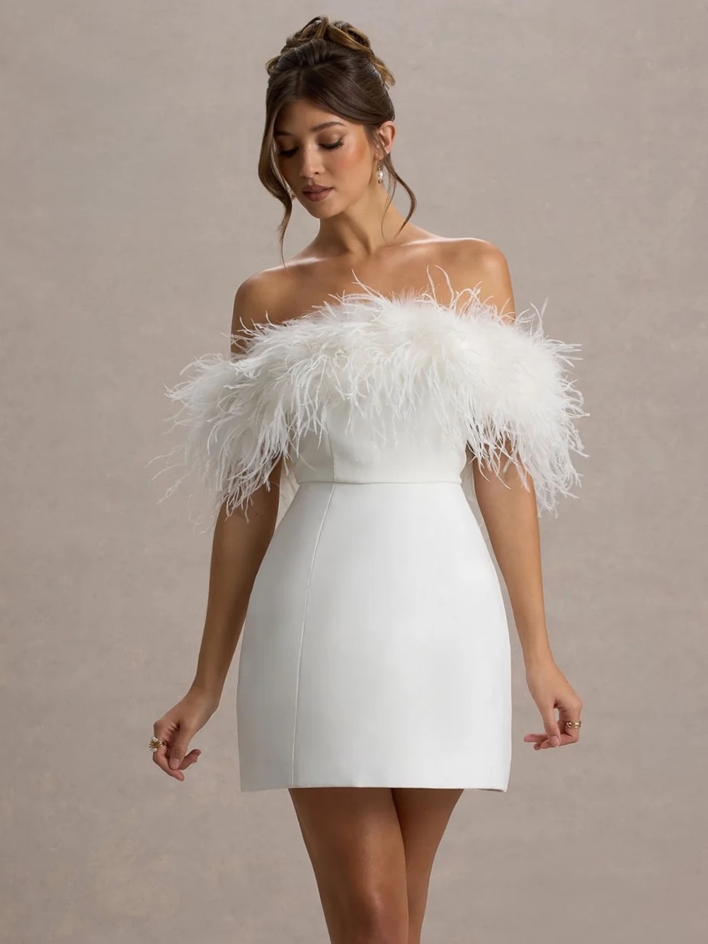 Club L London White Off-Shoulder Feather-Trim Mini Dress